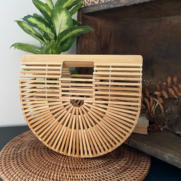 Vintage Ark Basket clutch wood mini half circle bag - Picture 2 of 7